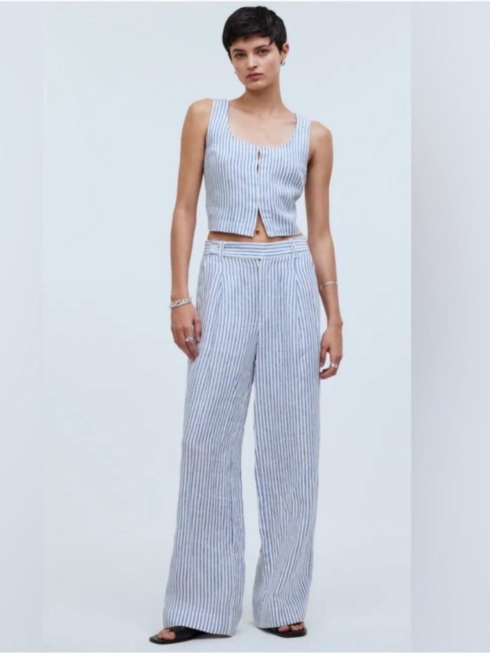 Madewell Harlow Wide-Leg Linen Blend Pants - Blue and White